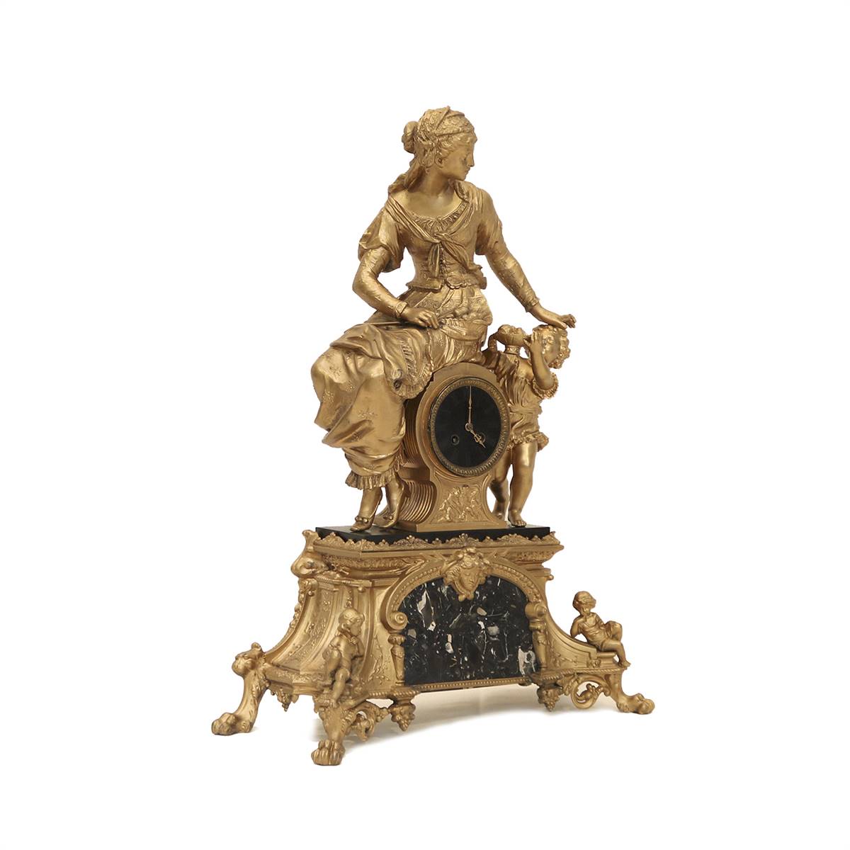 Antiqium Ürün  SİYAH MERMER DETAYLI BRONZ DÖKÜM KADIN FİGÜRLÜ SAAT